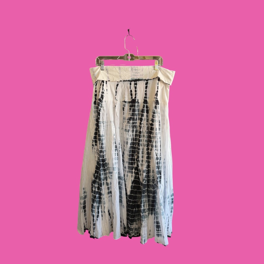 Agan Traders Tie Dye Maxi Skirt XL 1X White Black Boho Fold Over Waist Flowy